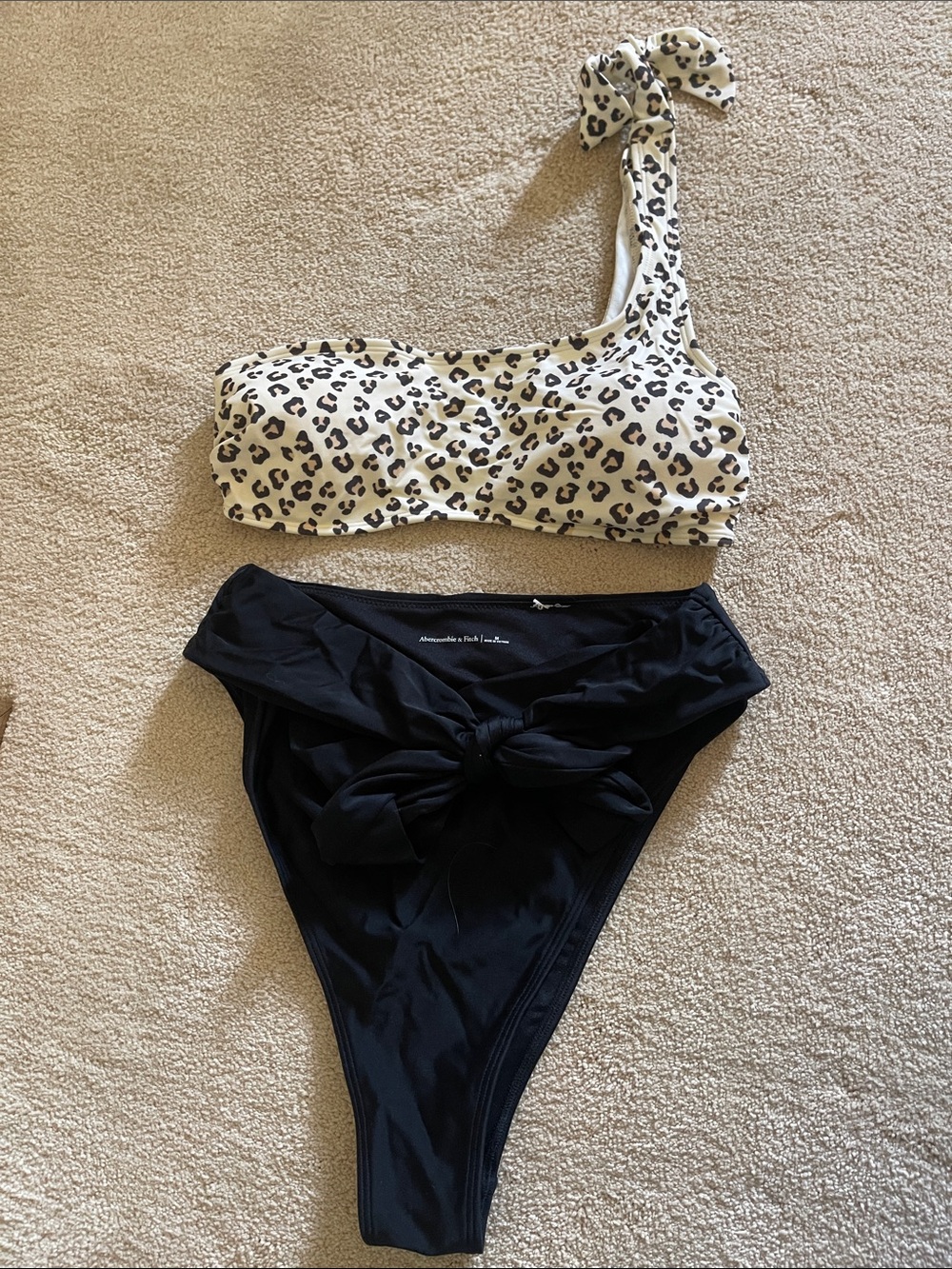 Abrocrombie Leopard One-Shoulder Bikini Top with Black High-Waist Bottom